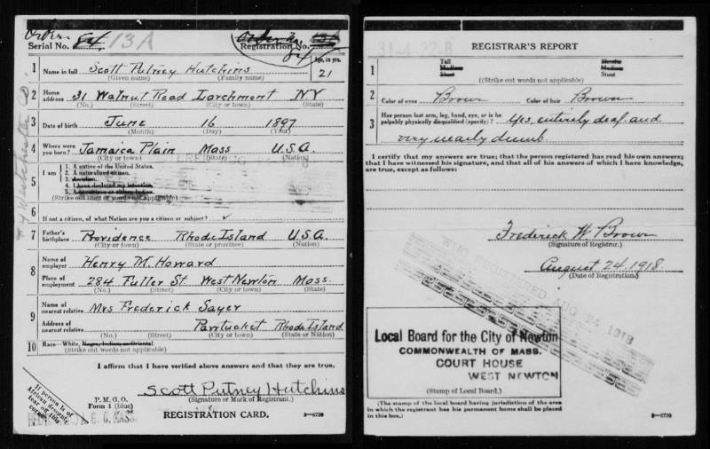 Scott Hutchins's World War I Draft Registration Card
