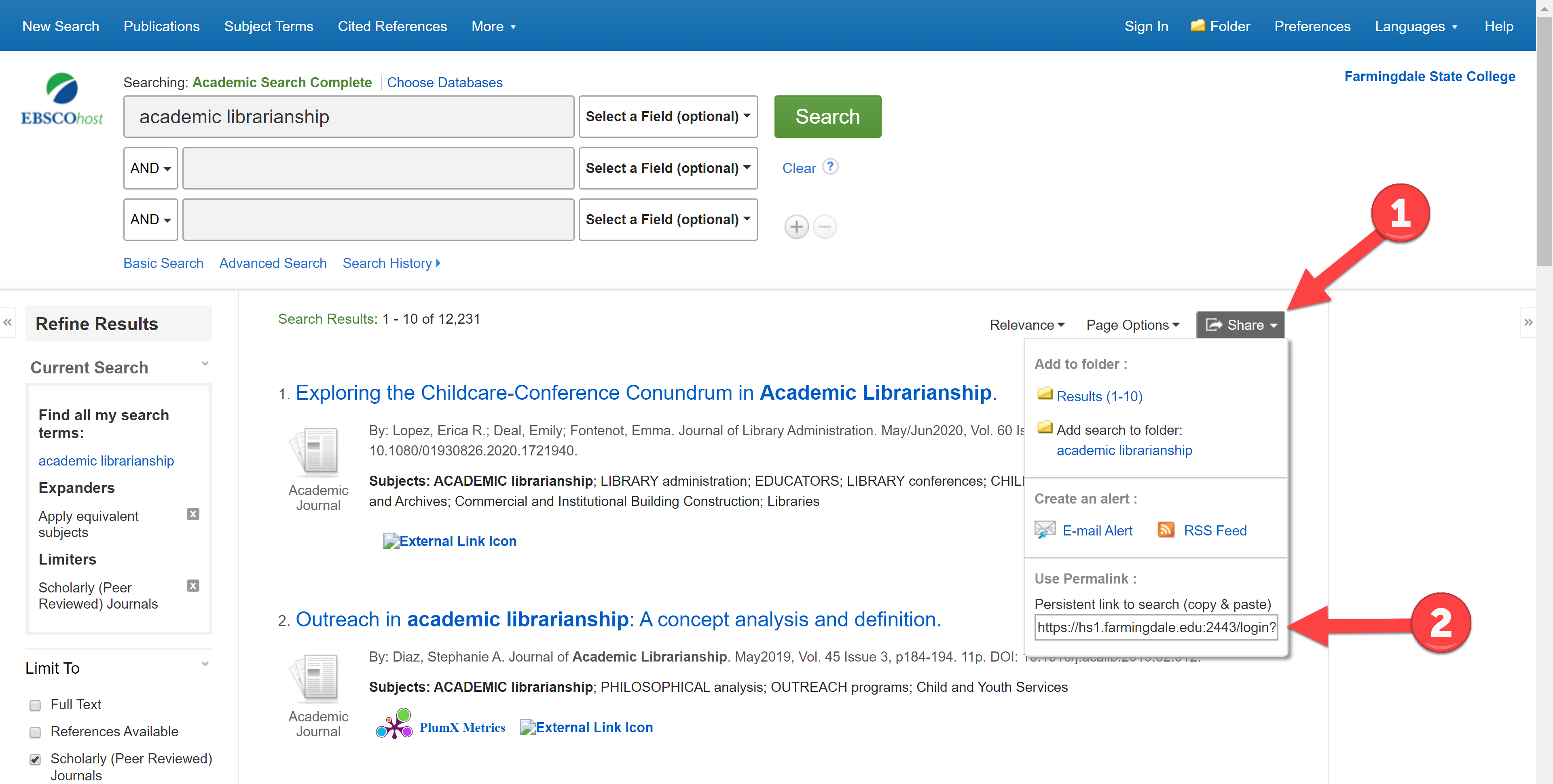 How to save a link to a search in an Ebsco database. 