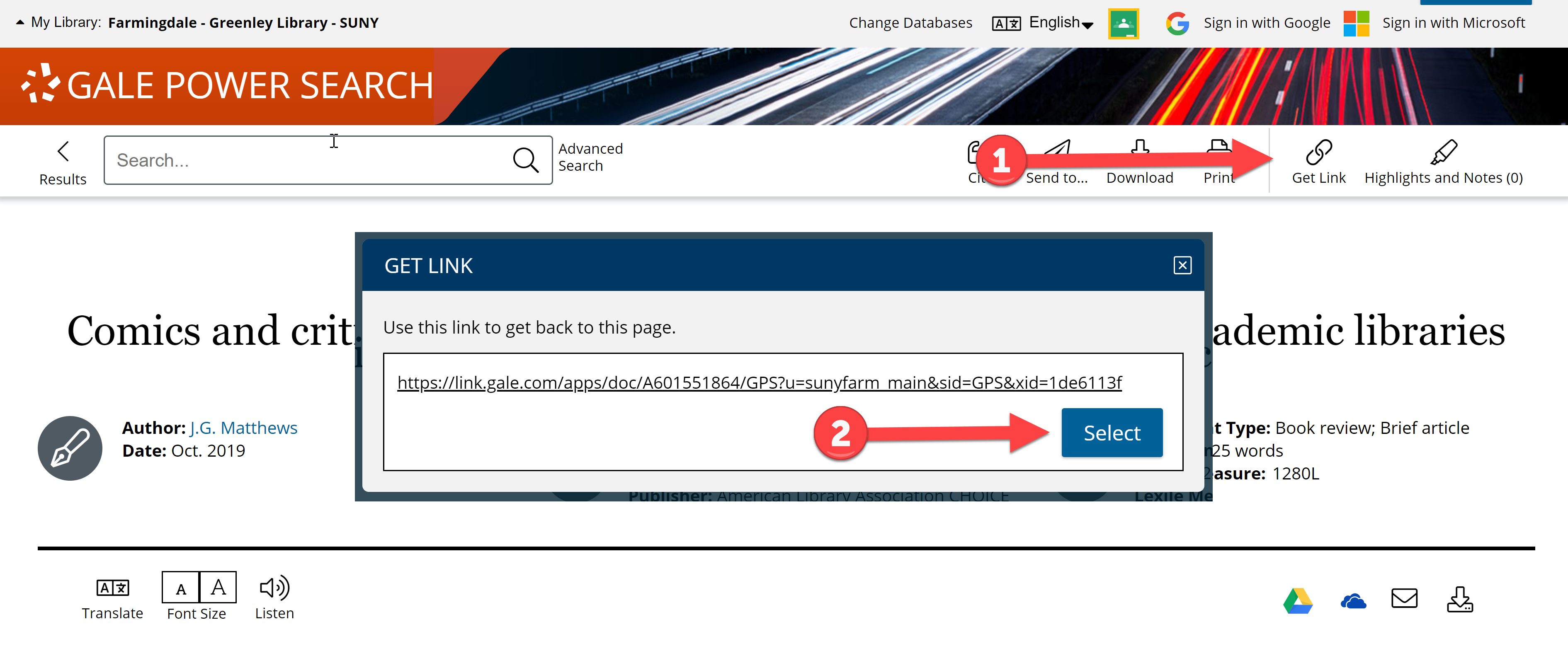 How to save the link to an article in a Gale database. 