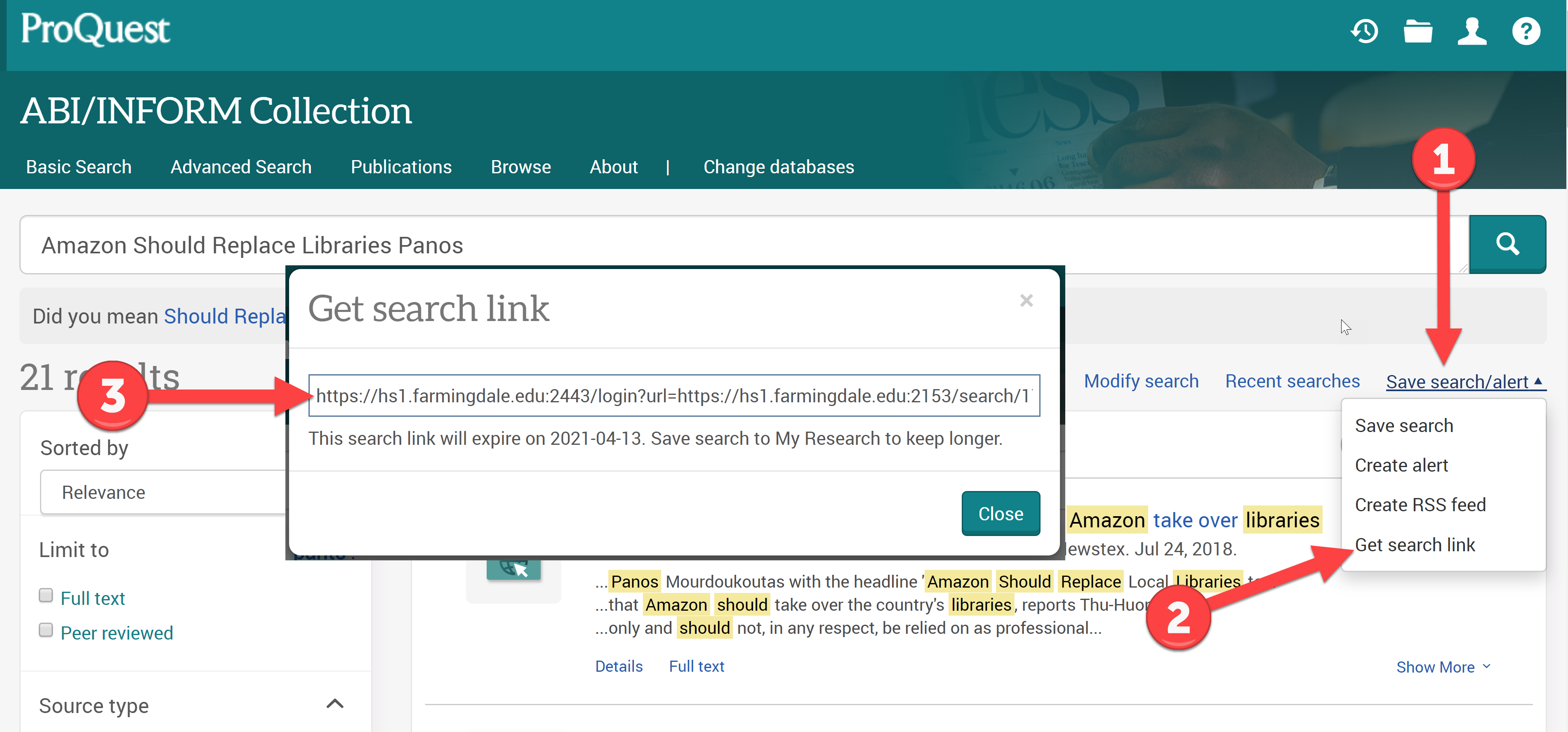 How to save a link to a search in a Proquest database.