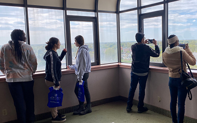 Students enjoying the view at Hofstra University