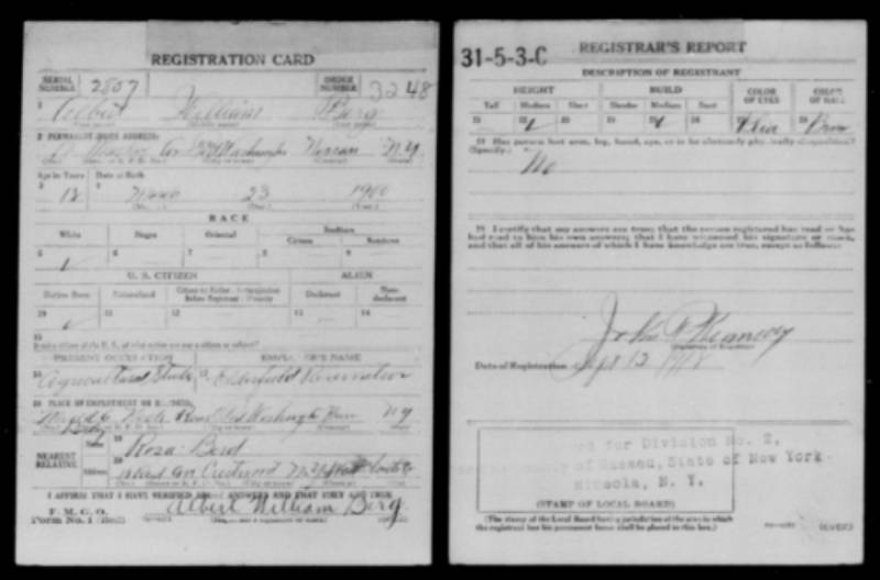 Albert Berg's WWI Draft Registration Card