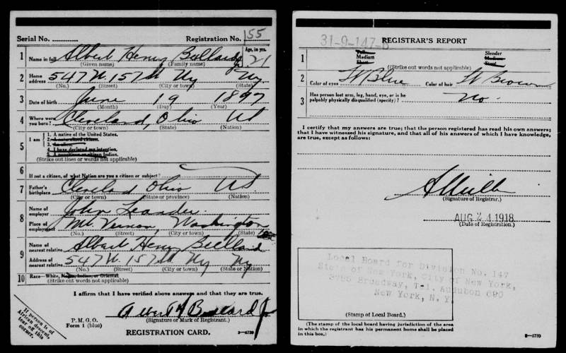 Albert Bullard's WWI Draft Registration Card