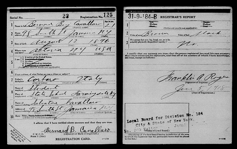 Bernard Cavallaro's World War I Draft Registration Card