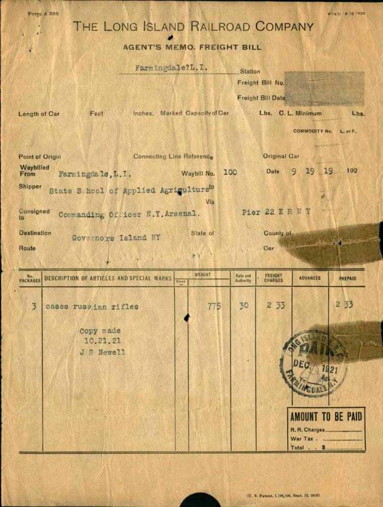 Bill showing college shipment of Russian Rifles to Governors Island